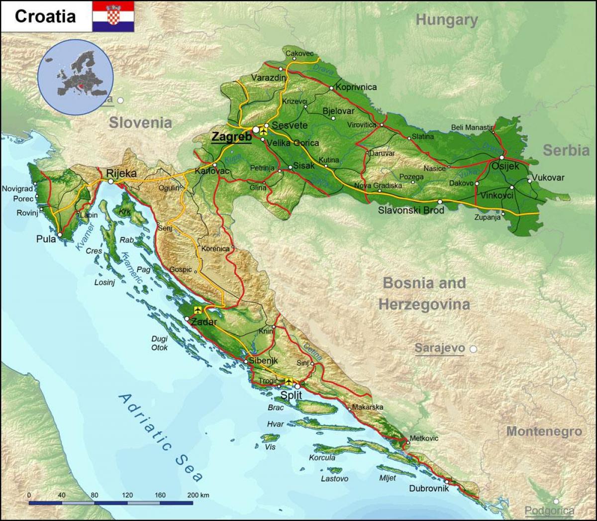 Mapa de las montañas de Croacia
