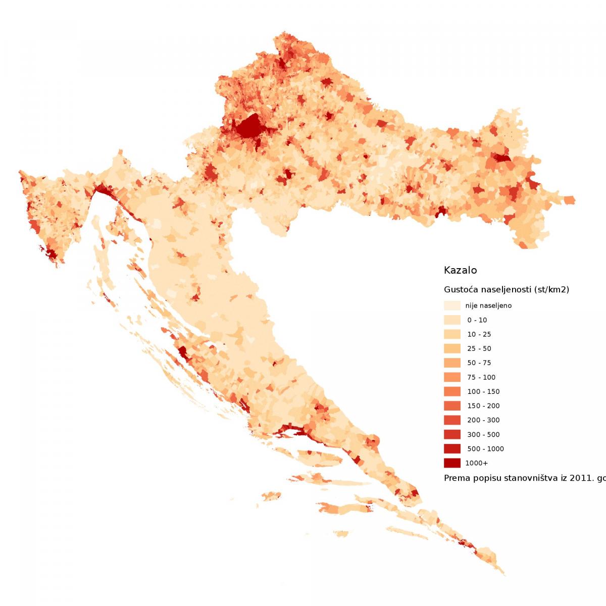 Mapa de densidad de Croacia