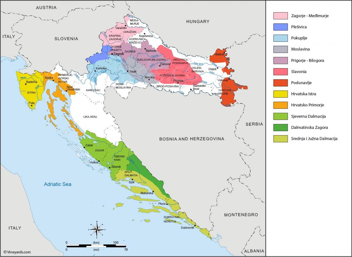 Mapa de los viñedos de Croacia