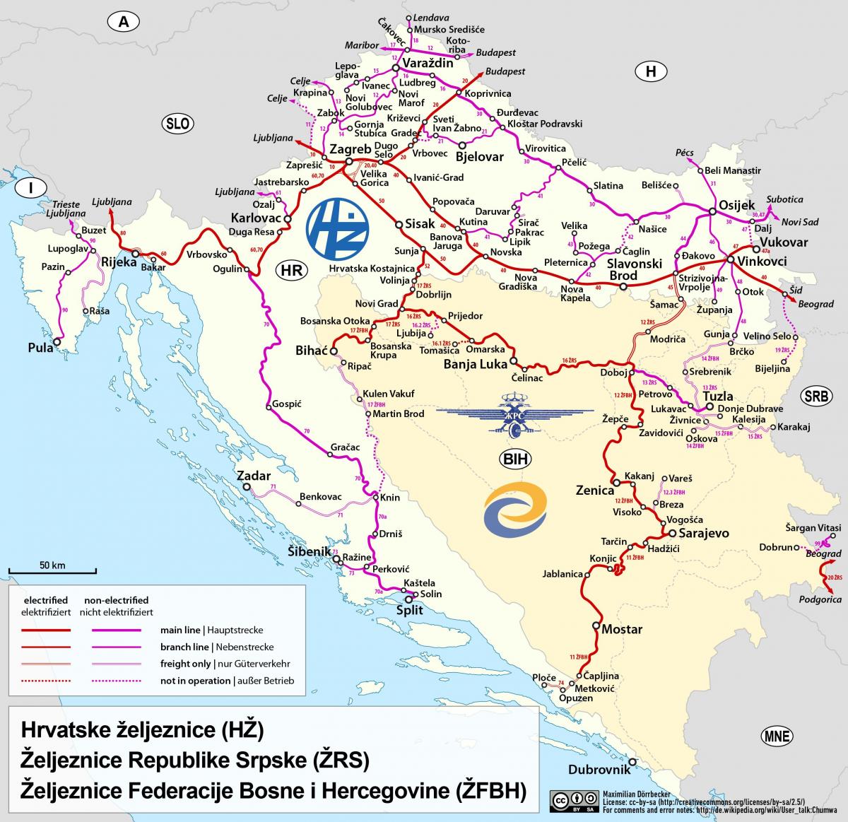 Mapa de las líneas de tren de Croacia