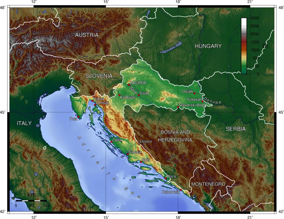 Mapa topográfico de Croacia
